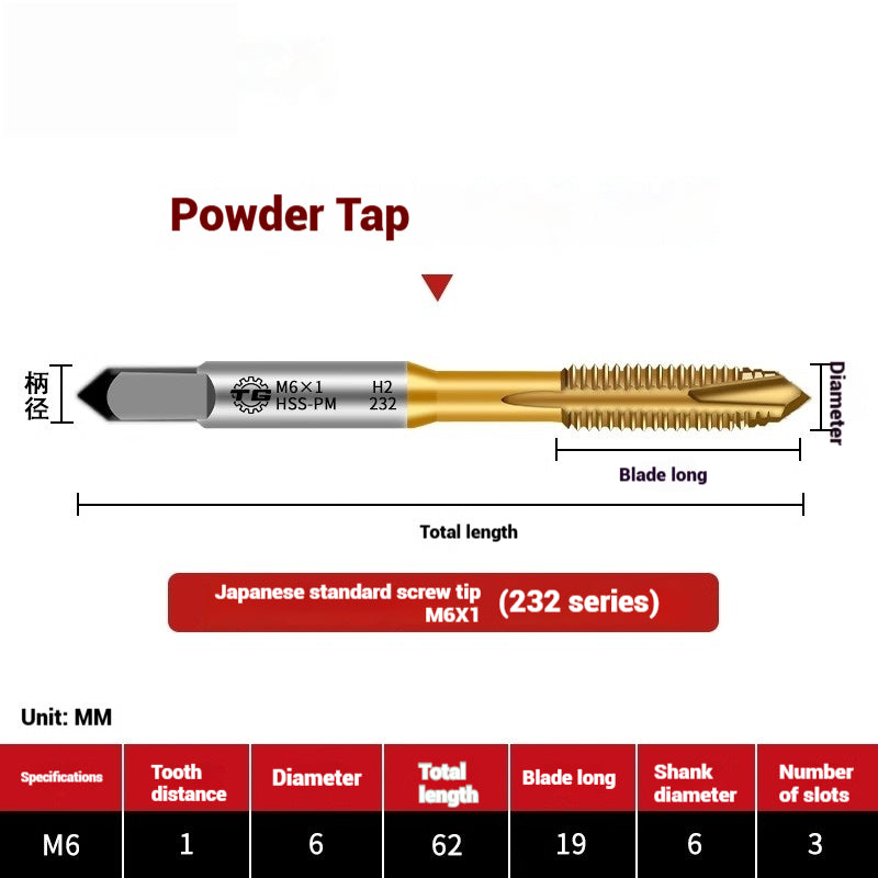 1103-Powder metallurgy high-speed steel tap 232 titanium-plated screw tip stainless steel machine tap Japanese standard apex tap Shandong Denso Pricision Tools Co.,Ltd.